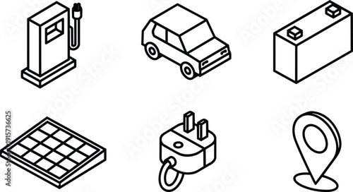 Isometric line art icon set showcasing electric vehicle charger car battery solar panel plug and location pin in black outline