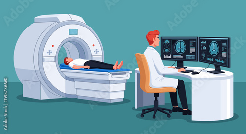 A patient lies inside an MRI scanner while a doctor monitors brain images on two computer screens.
