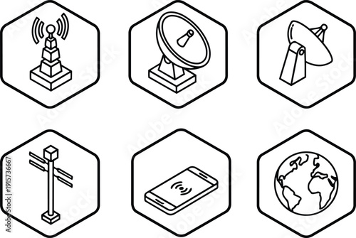 Isometric line art hexagon telecom icon set showing satellite dish antenna tower smartphone and globe close up angled outline view