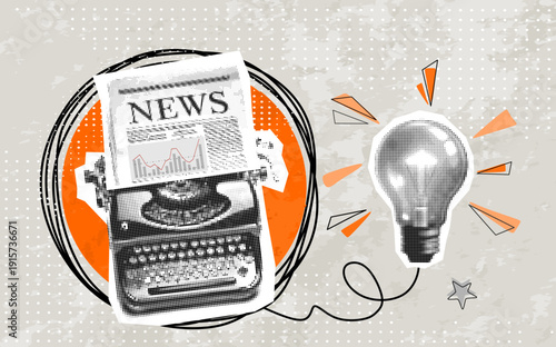 Trendy Halftone Collage. Vintage typewriter with big light bulb, in dotted texture vintage pop. Typewriter printing vintage news, big idea.	