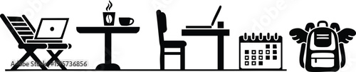 Flat design cafe to desk remote work icons showing laptop coffee calendar backpack with wings travel and schedule concept illustration