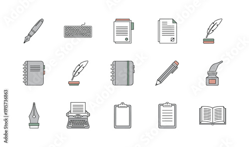 Assortment of flat design icons for writing and office tasks on a white background stationery