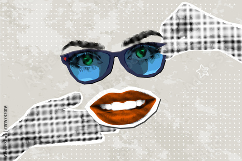 Trendy Halftone Collage  Hands hold eyes in glasses and delicate lips on a half tone paper background. The concept of beauty and fashion.
