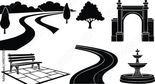 Silhouette vector set of winding park paths bench fountain arch and trees in flat design landscape view minimal black icons