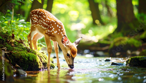 Deer fawn drinking water from a stream in a forest. AI