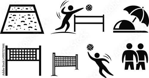 Flat icon set beach volleyball players diving spiking nets ball sand court umbrella duo silhouette minimalist vector sport symbols black