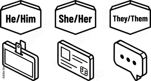 Isometric line art pronoun badges with he him she her they them name tags id card chat bubble icons set