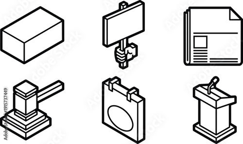 Isometric line art close up set of legal icons gavel podium ballot box sign newspaper law concept justice courtroom outline