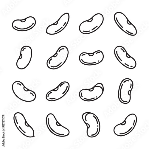 Collection of stylized bean icons with simple outline and shading on white background