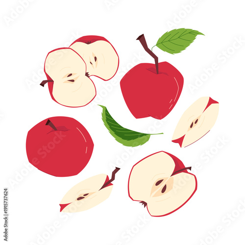 Collection of red apples whole, halved and sliced with seeds and leaves, fresh fruit set isolated on light background