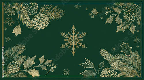 Luxury christmas invitation card art deco design vector. Snowflakes, pine cone, pine leaves, holly line art on green background. Design illustration for cover, greeting card, print, poster, wallpaper.
