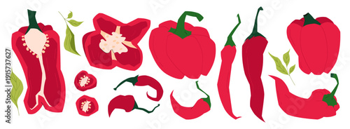 Collection of red bell pepper and chili peppers whole and sliced with seeds and leaves, fresh vegetable set isolated on light background
