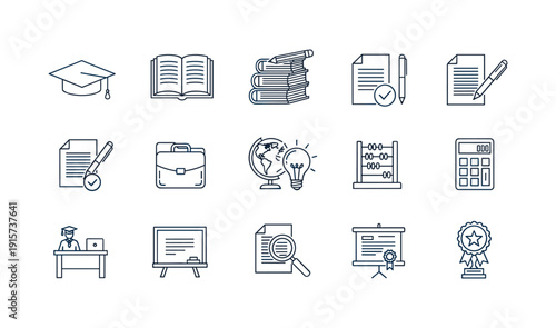 Educational and academic icons in a simple line art style with dark blue outlines school