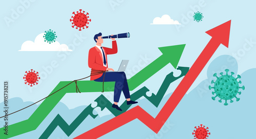 A businessman sits on a rising green graph, looking through a telescope, as red and green viruses float around, symbolizing growth and analysis