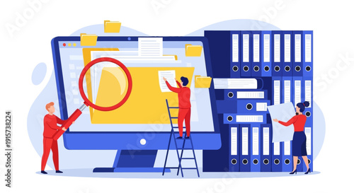 Team of developers collaborating on software development project on large screen display with magnifying glass inspection