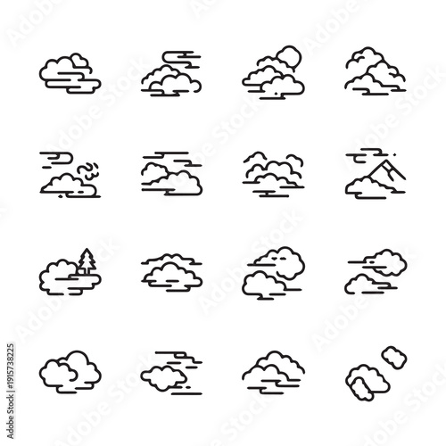 Collection of Simple Line Art Cloud Icons and Mountain Icons with Sun
