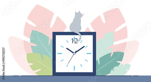 A cat sits on a clock surrounded by leaves from a serene indoor plant viewed from the front