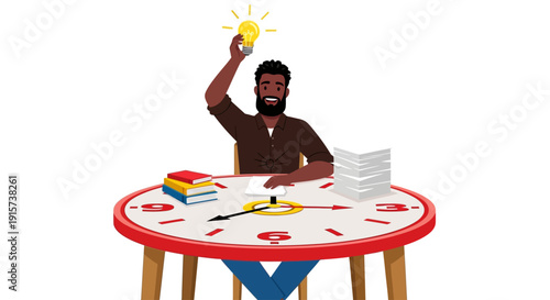 Man sitting at round table with creative tools and bright idea overhead