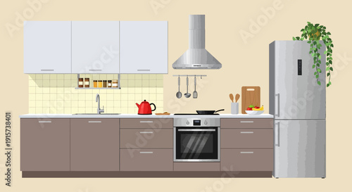 Modern kitchen interior with appliances, cabinets, and plants from a straight-on viewpoint