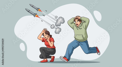 Man and woman reacting to missile attack in a state of panic and fear