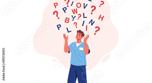 A puzzled man surrounded by floating letters and symbols, standing in a contemplative pose, lost in thought amidst a whimsical environment