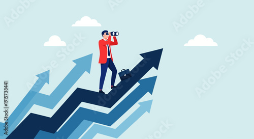 A businessman stands on a rising arrow, looking through binoculars towards a brighter future with growth and progress