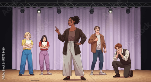 Animated characters rehearsing on a theater stage with varied attire and expressions under stage lights