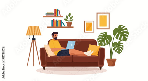 A person relaxing on a couch with a laptop surrounded by plants and decorative items in a cozy living room setting from a diagonal viewpoint