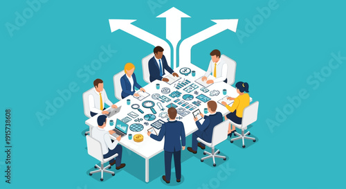Business professionals engaged in a meeting around a table discussing various business strategies and ideas
