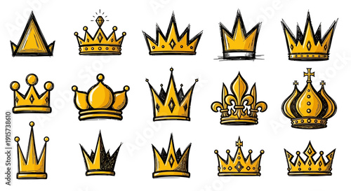 Collection of Golden Crowns and Royal Regalia Illustrations on a Neutral Background