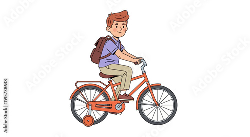 A young man rides his bicycle with a backpack on a clear day from a side viewpoint