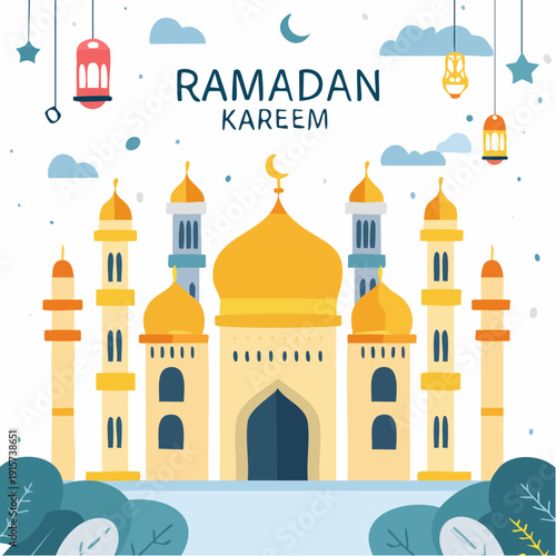 Stylized mosque illustration with crescent moon and lanterns, embodying the peaceful blessings and joyous spirit of the holy Ramadan season