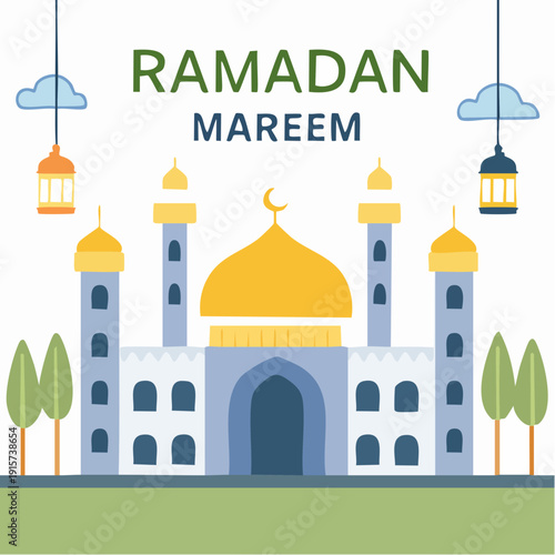 Ramadan Kareem Islamic Mosque and Lanterns Illustration with Green Trees and Clouds Decorative Elements