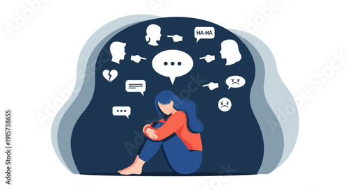 A distressed woman surrounded by social media icons and speech bubbles, contemplating her online presence and emotional well-being, in a digital illustration.