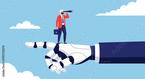 A robotic hand guides a businessman standing on its finger as he gazes through a telescope