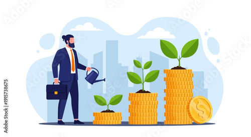 Businessman nurturing growth of money stacks with coins and plants in urban landscape illustration