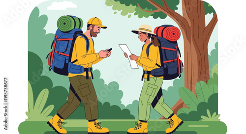 Two hikers with backpacks navigating through a forest trail together, examining a map from a side view.