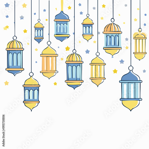 Beautifully Illuminated Ramadan Lanterns Adorn a Festive Night Sky with Starry Accents, Evoking a Spirit of Celebration and Serenity