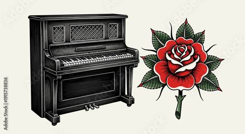 A black upright piano beside a red rose illustration on a plain background from a straight viewpoint