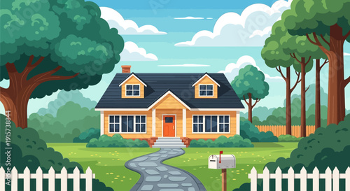 A serene cartoon house surrounded by lush green trees and a white picket fence on a sunny day
