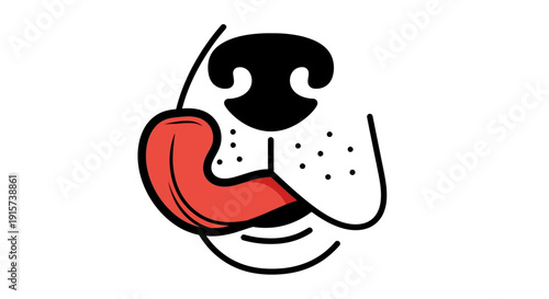 A cartoon illustration of a dog face with tongue out from a front view