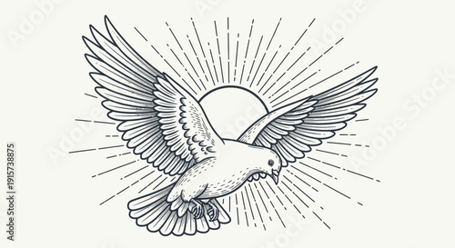 A majestic dove in flight, wings outstretched, soaring towards the radiant sun with rays emanating from behind, illustrated in a classic black and white style