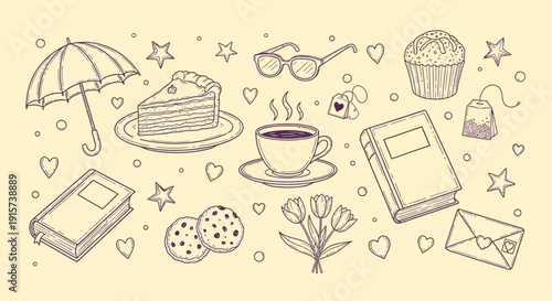 Whimsical illustration of snacks and accessories scattered around surrounded by hearts and stars