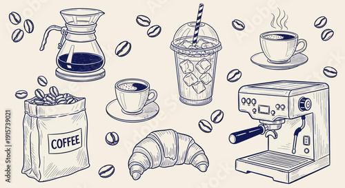Illustration of Coffee Culture with Coffee Maker, Beans, and Pastries from a Top-Down View