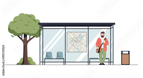 Man waiting at bus stop with map on a sheltered platform beside a tree and trash can on a urban street