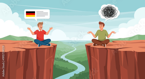 Two men meditating on cliff edges with a vast landscape and winding river below, viewed from a distance