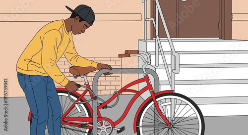 Man locking bicycle to railing outside house with stairs and brick wall