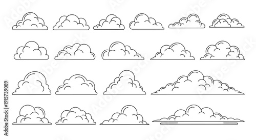 Collection of simple line drawings of various cloud formations in different shapes and sizes