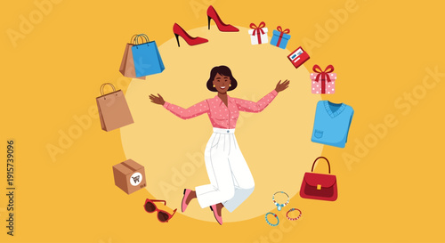 Woman surrounded by shopping items in a joyful circle