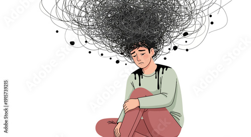 Illustration of a person sitting with a chaotic, tangled mass of thoughts emanating from their head, capturing mental turmoil.